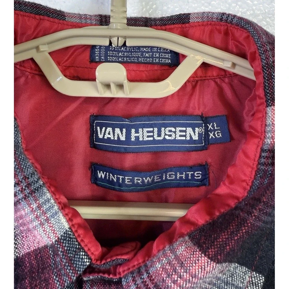 Vintage Van Heusen Mens XL Red Gray‎ Plaid Winterweight Flannel Shirt Shacket
